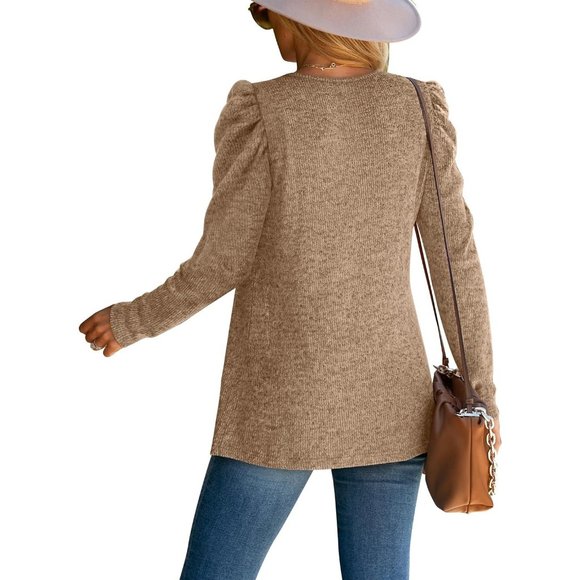 Womens Lightweight Puff Sleeve Pleated Square Neck Tunic Sweaters Shirts - Picture 4 of 5